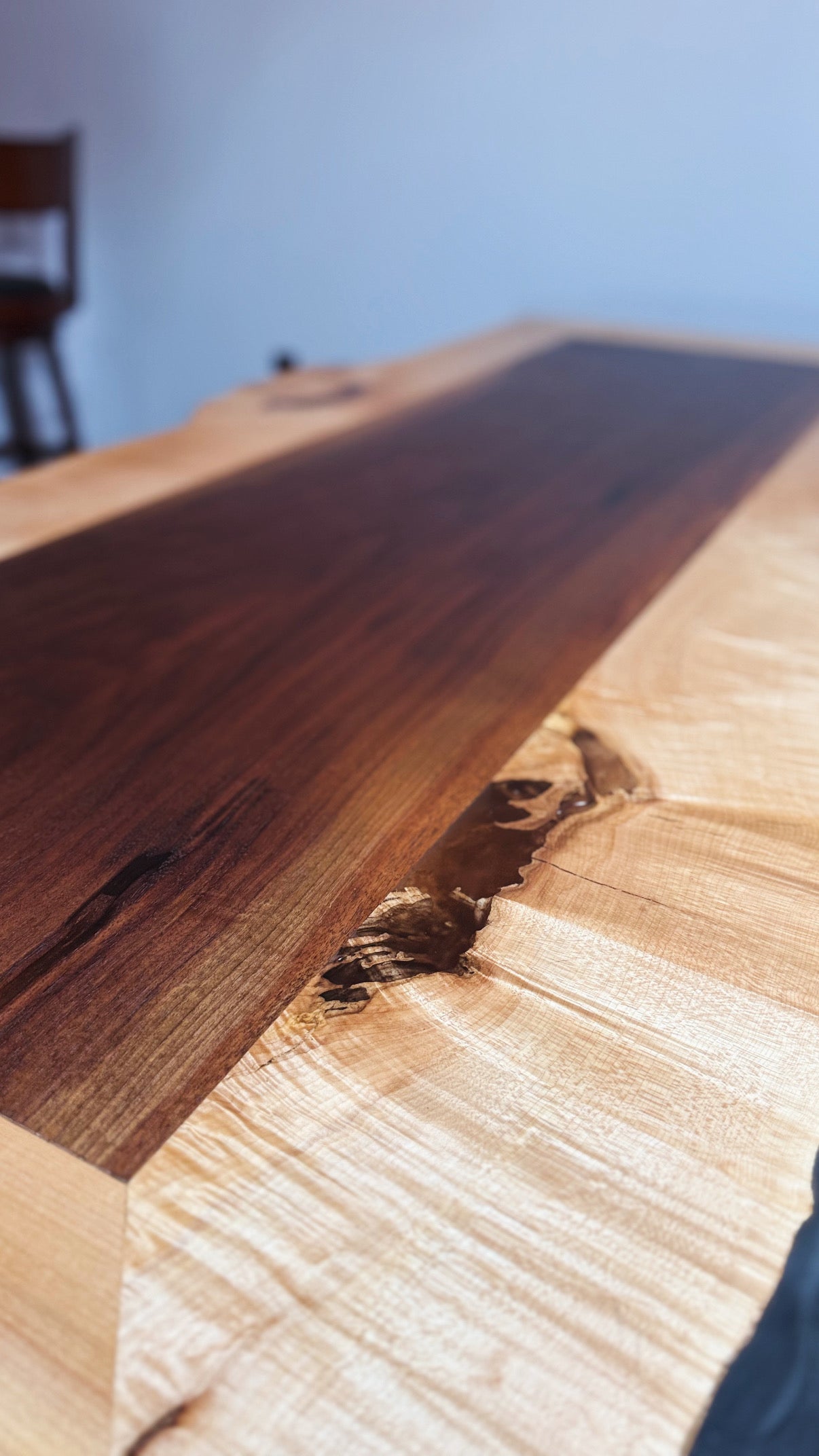 Two-Tone Live Edge Dining Table – Black Walnut & Curly Maple