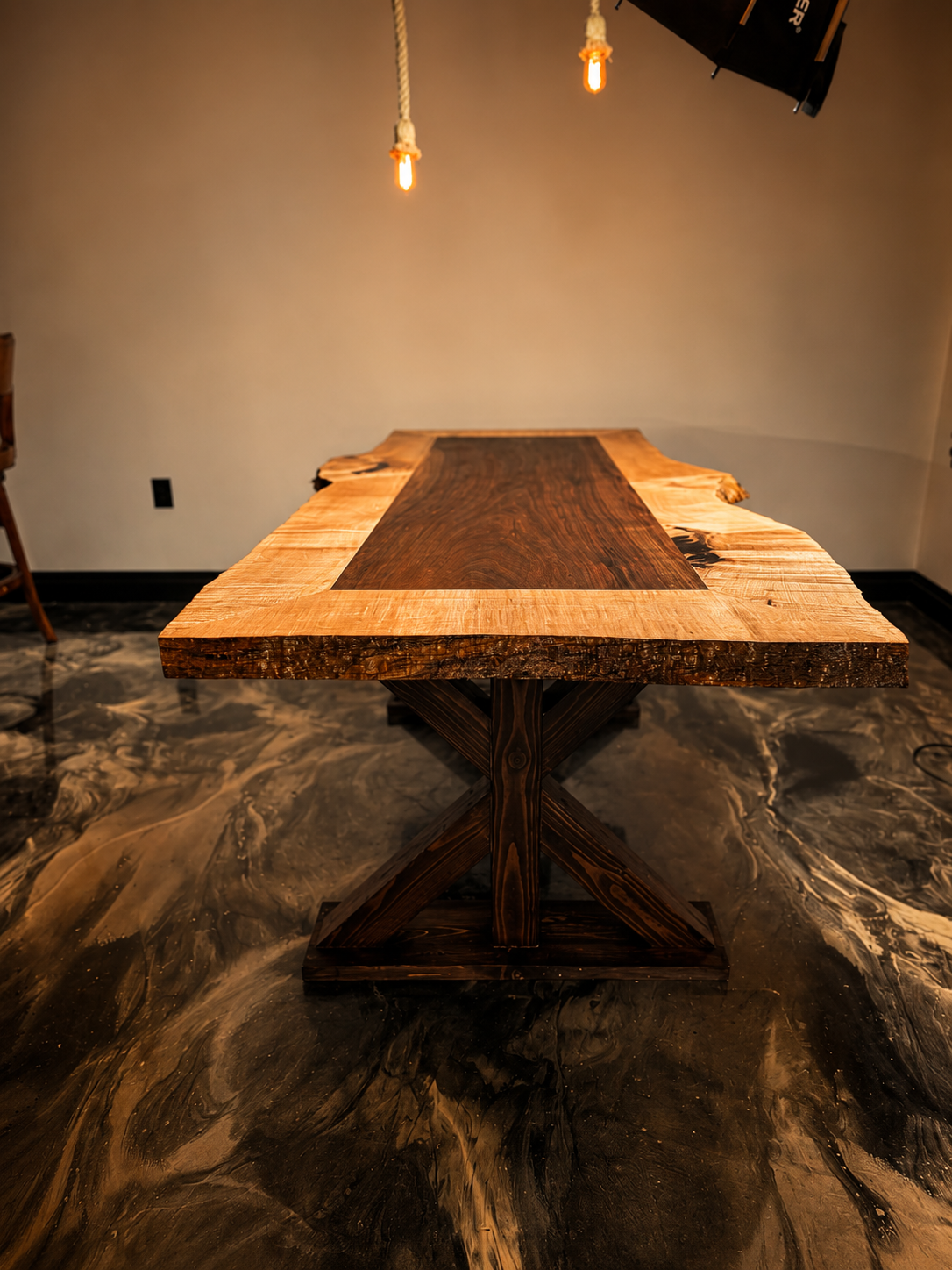 Two-Tone Live Edge Dining Table – Black Walnut & Curly Maple