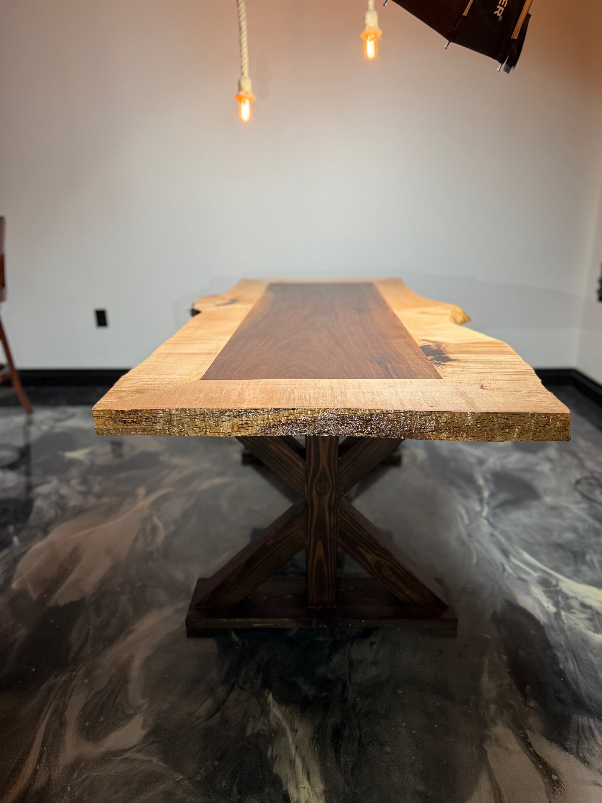 Two-Tone Live Edge Dining Table – Black Walnut & Curly Maple