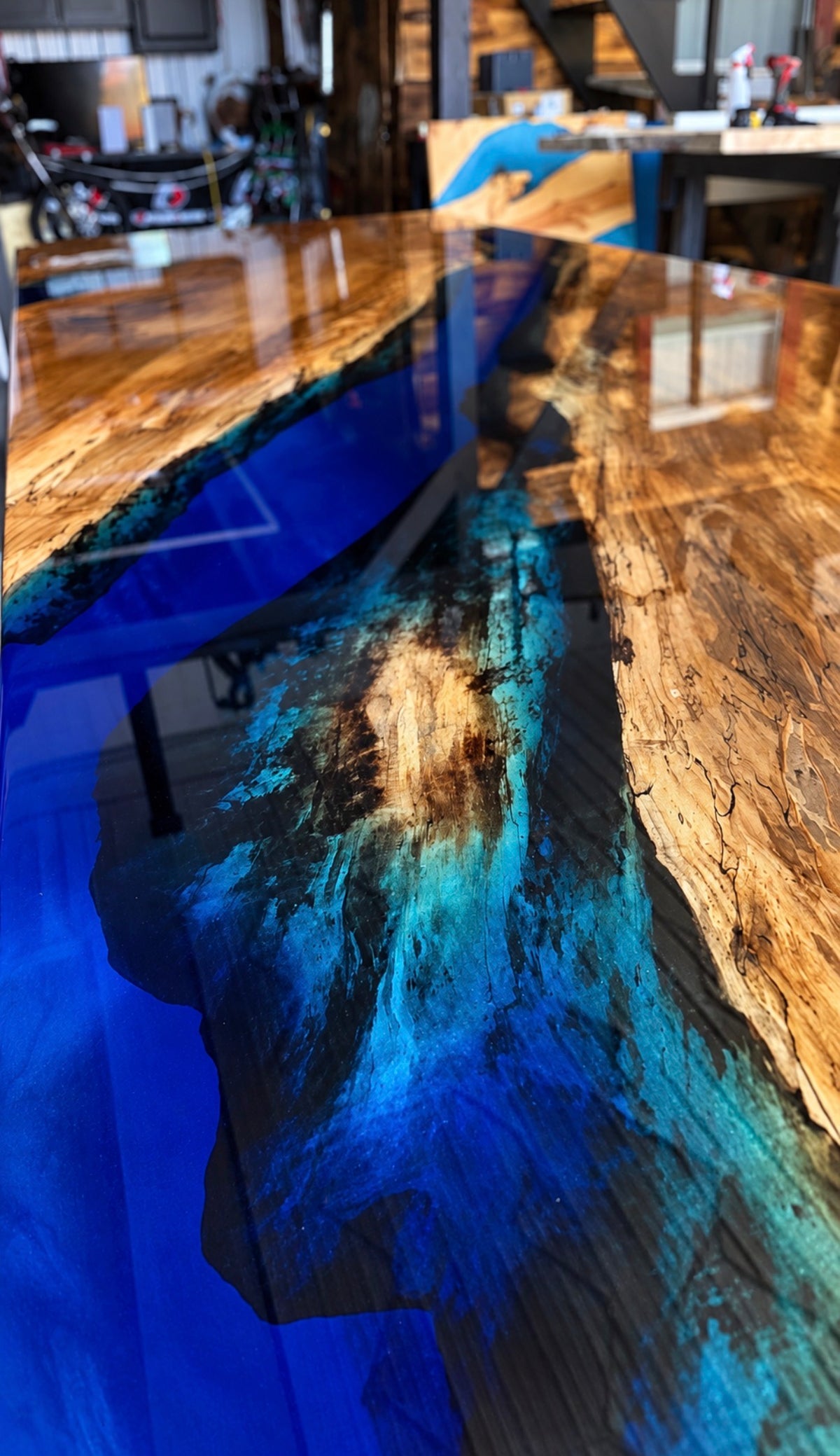 Midnight River | 12-Foot Spalted Maple & Blue Epoxy River Table – WOODBROS