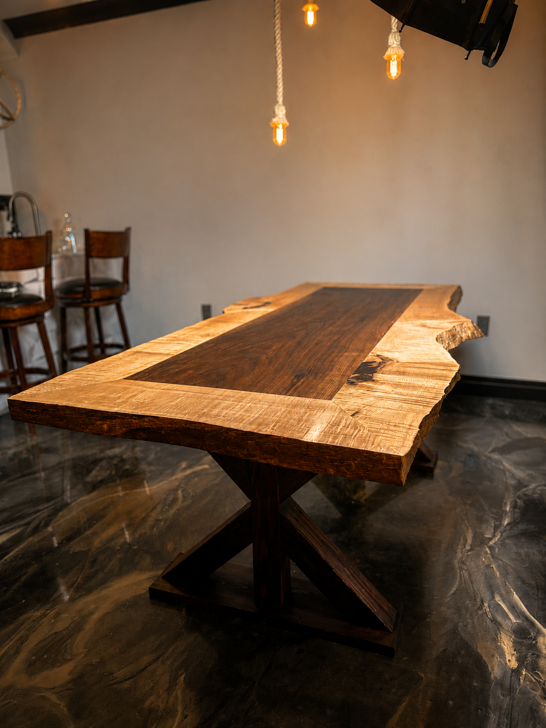 Two-Tone Live Edge Dining Table – Black Walnut & Curly Maple