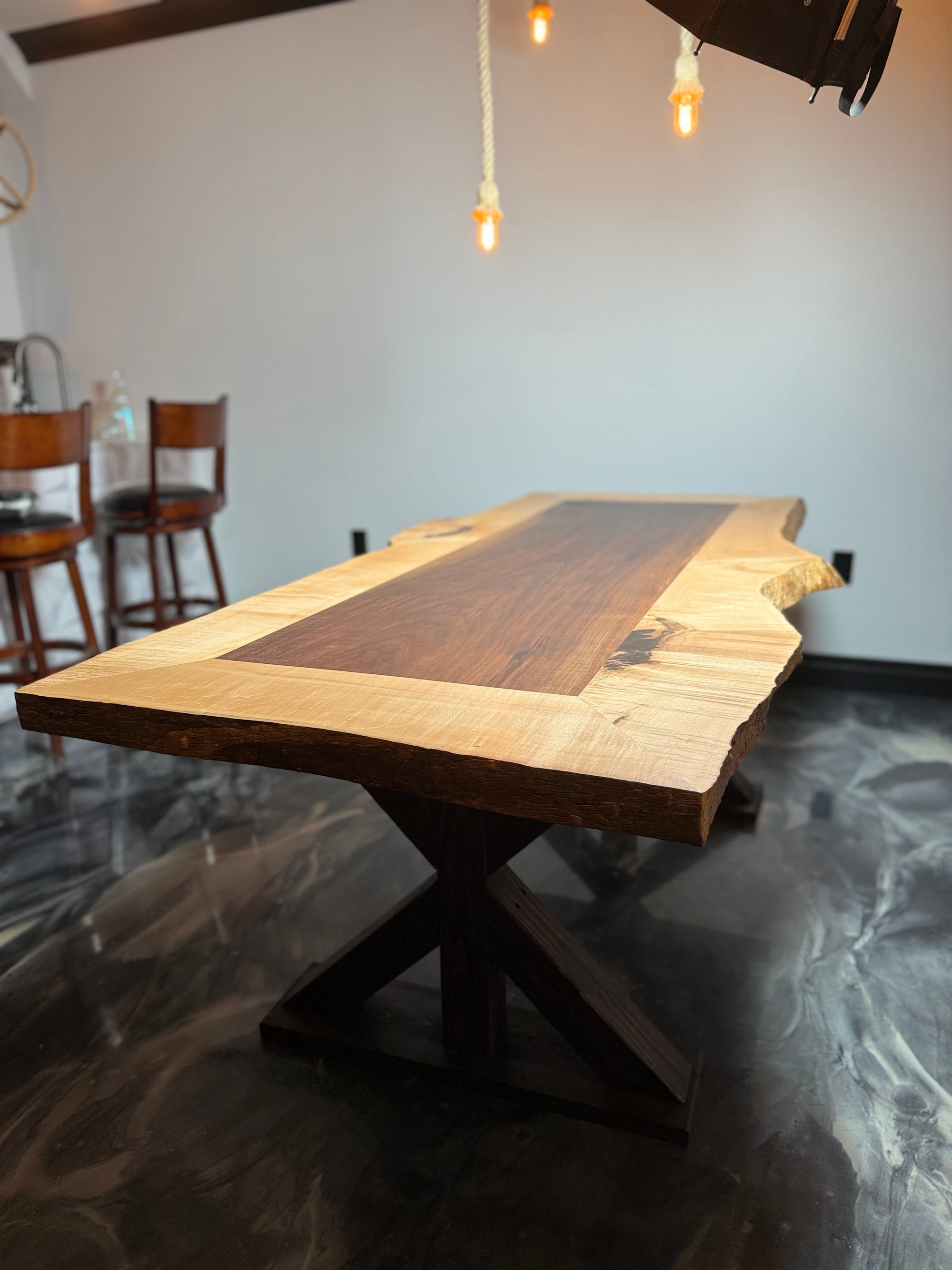 Two-Tone Live Edge Dining Table – Black Walnut & Curly Maple