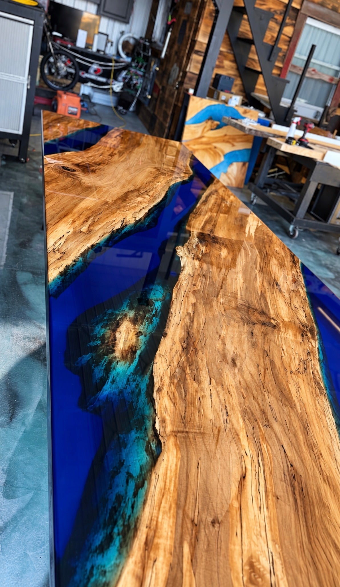 Midnight River | 12-Foot Spalted Maple & Blue Epoxy River Table – WOODBROS