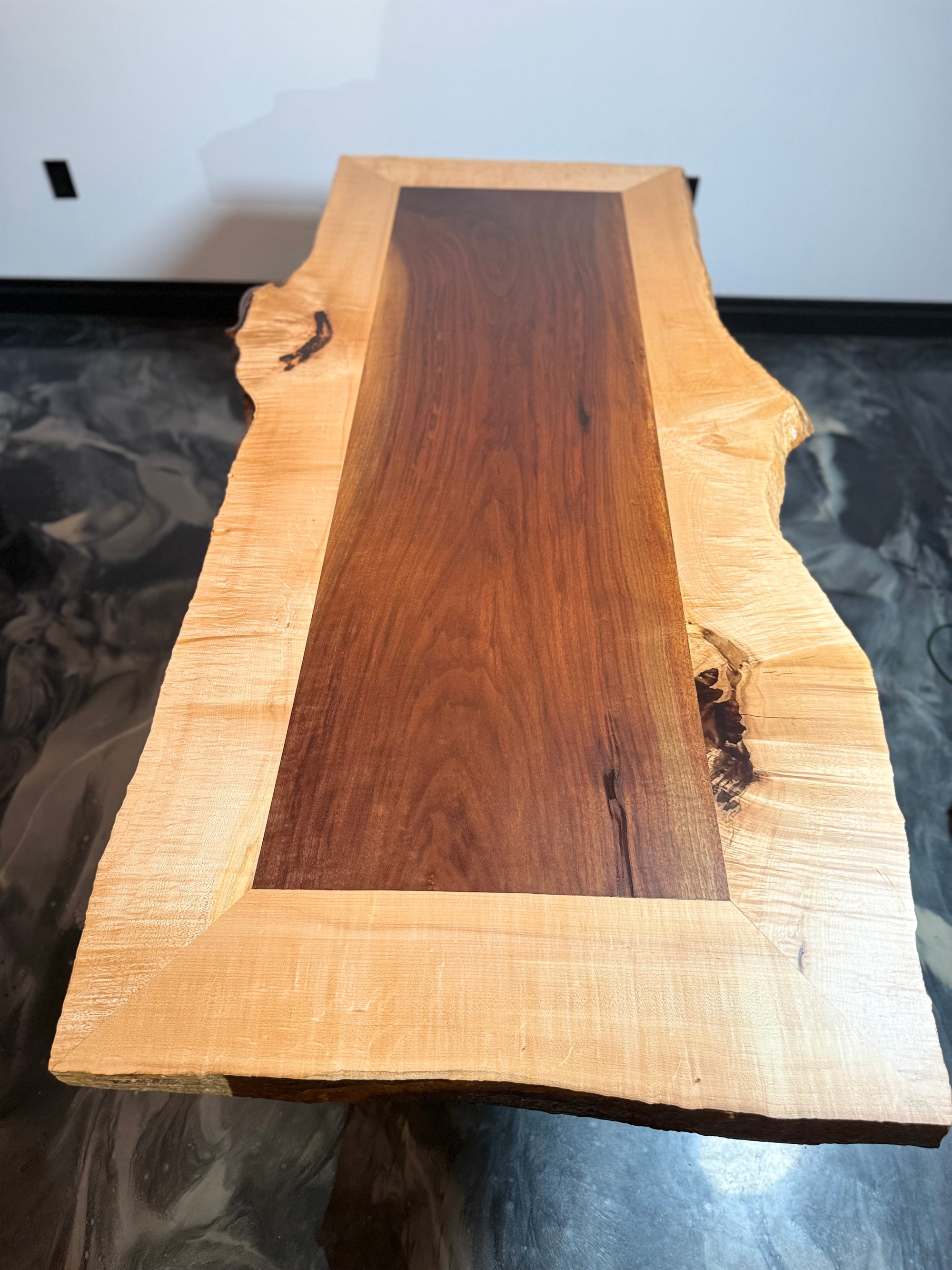 Two-Tone Live Edge Dining Table – Black Walnut & Curly Maple