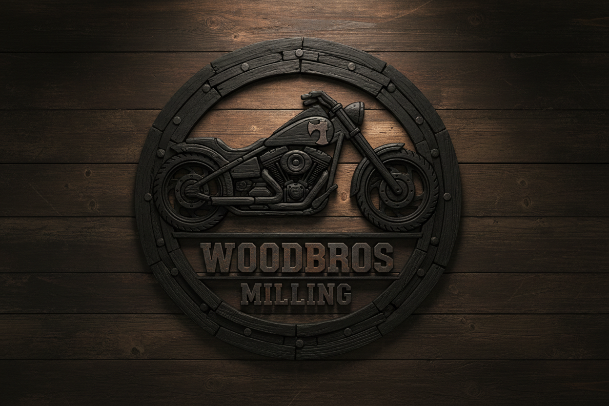black wood motorcycle logo with woodbros milling 