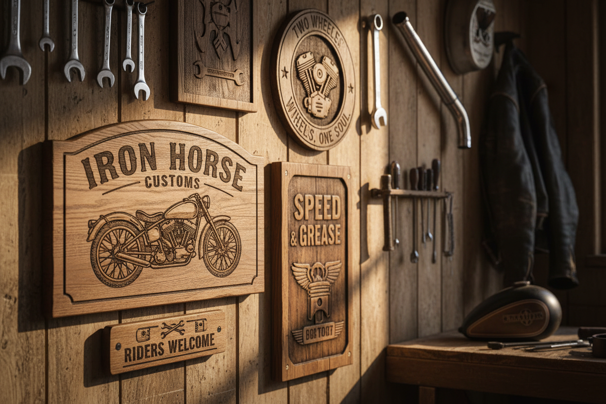 custom wood engraved signs for motorcycle shop